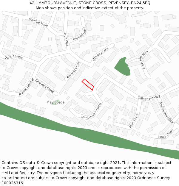 42, LAMBOURN AVENUE, STONE CROSS, PEVENSEY, BN24 5PQ: Location map and indicative extent of plot