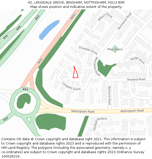 42, LANGDALE GROVE, BINGHAM, NOTTINGHAM, NG13 8SR: Location map and indicative extent of plot