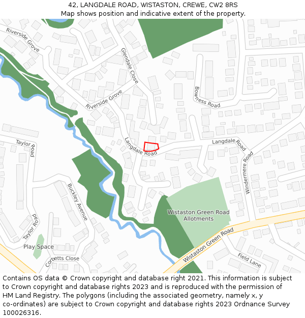 42, LANGDALE ROAD, WISTASTON, CREWE, CW2 8RS: Location map and indicative extent of plot