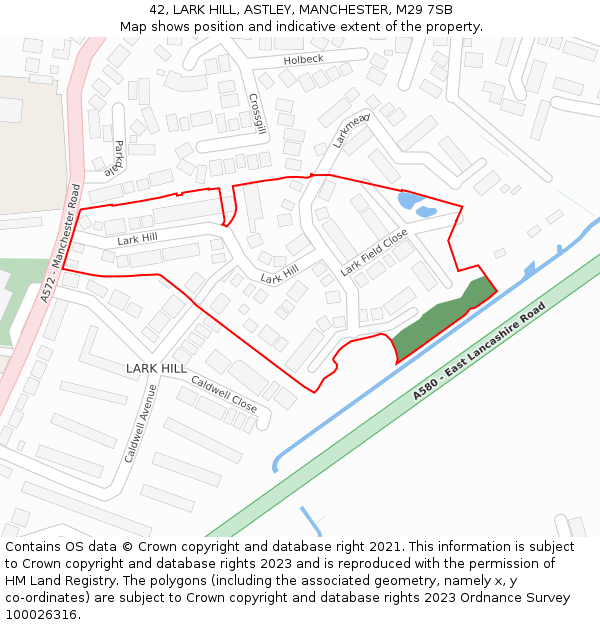 42, LARK HILL, ASTLEY, MANCHESTER, M29 7SB: Location map and indicative extent of plot