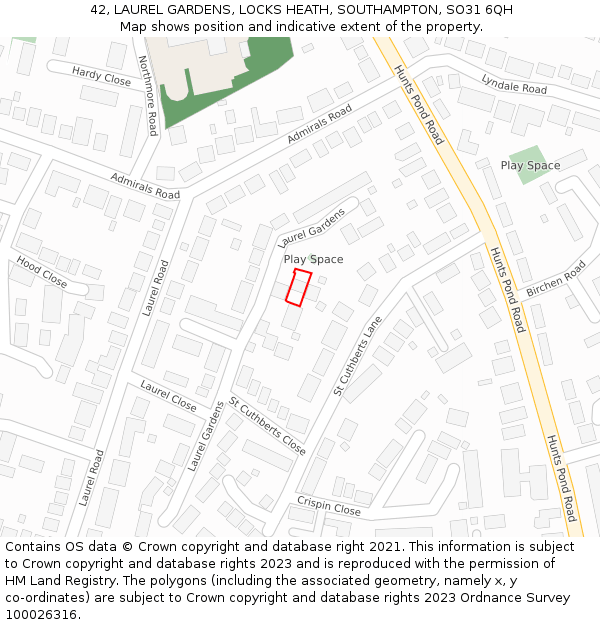 42, LAUREL GARDENS, LOCKS HEATH, SOUTHAMPTON, SO31 6QH: Location map and indicative extent of plot