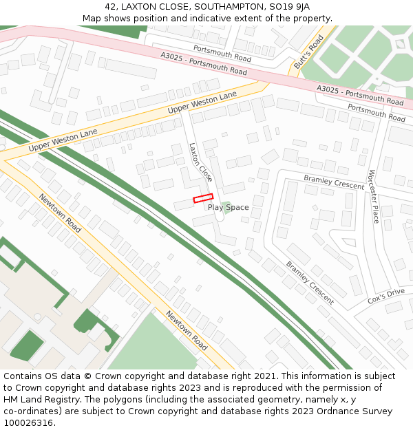 42, LAXTON CLOSE, SOUTHAMPTON, SO19 9JA: Location map and indicative extent of plot