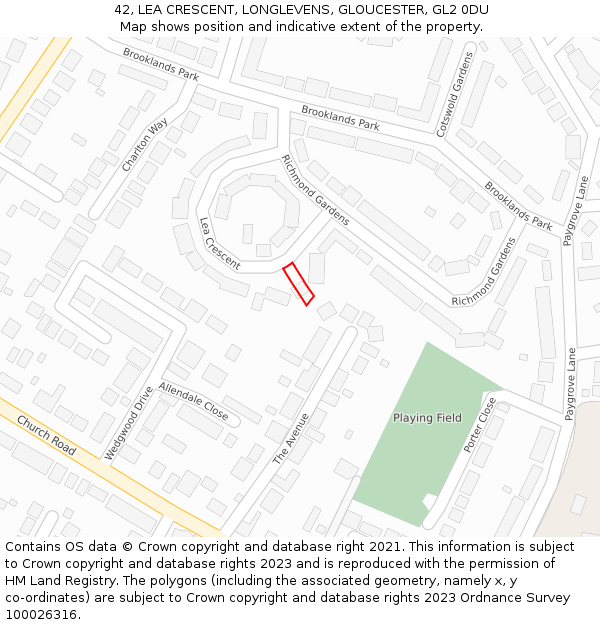 42, LEA CRESCENT, LONGLEVENS, GLOUCESTER, GL2 0DU: Location map and indicative extent of plot