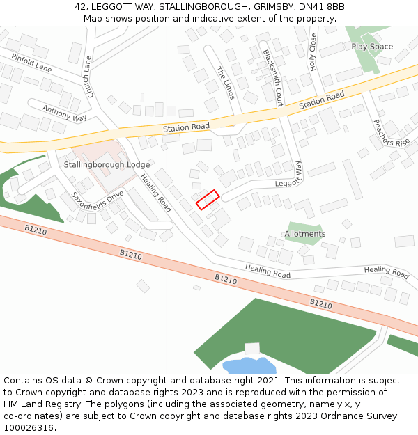 42, LEGGOTT WAY, STALLINGBOROUGH, GRIMSBY, DN41 8BB: Location map and indicative extent of plot