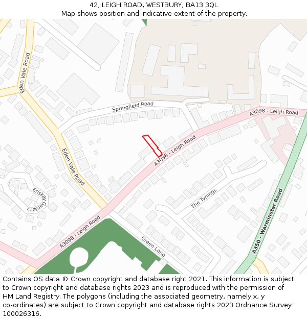 42, LEIGH ROAD, WESTBURY, BA13 3QL: Location map and indicative extent of plot