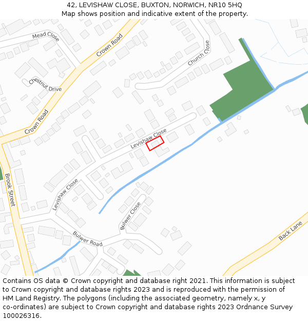 42, LEVISHAW CLOSE, BUXTON, NORWICH, NR10 5HQ: Location map and indicative extent of plot