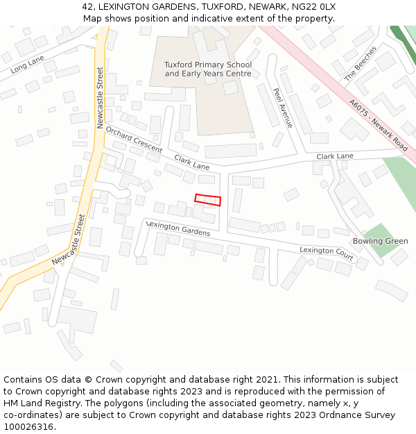 42, LEXINGTON GARDENS, TUXFORD, NEWARK, NG22 0LX: Location map and indicative extent of plot