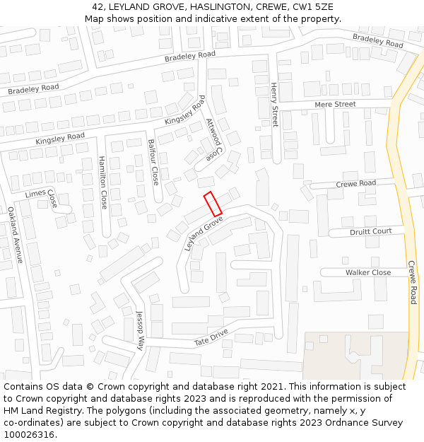 42, LEYLAND GROVE, HASLINGTON, CREWE, CW1 5ZE: Location map and indicative extent of plot