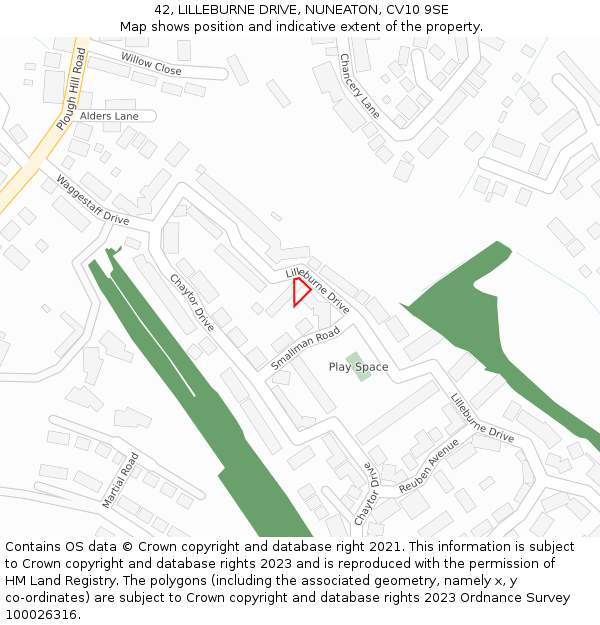 42, LILLEBURNE DRIVE, NUNEATON, CV10 9SE: Location map and indicative extent of plot