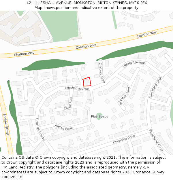 42, LILLESHALL AVENUE, MONKSTON, MILTON KEYNES, MK10 9FX: Location map and indicative extent of plot