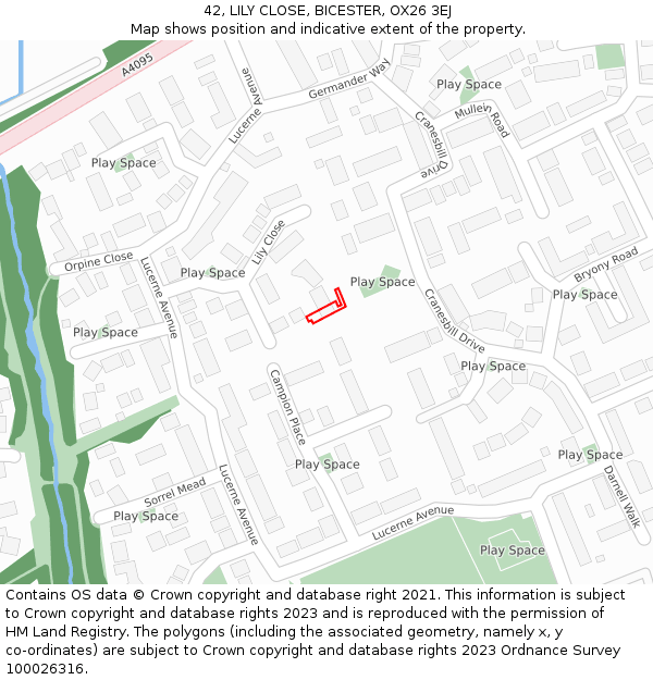 42, LILY CLOSE, BICESTER, OX26 3EJ: Location map and indicative extent of plot