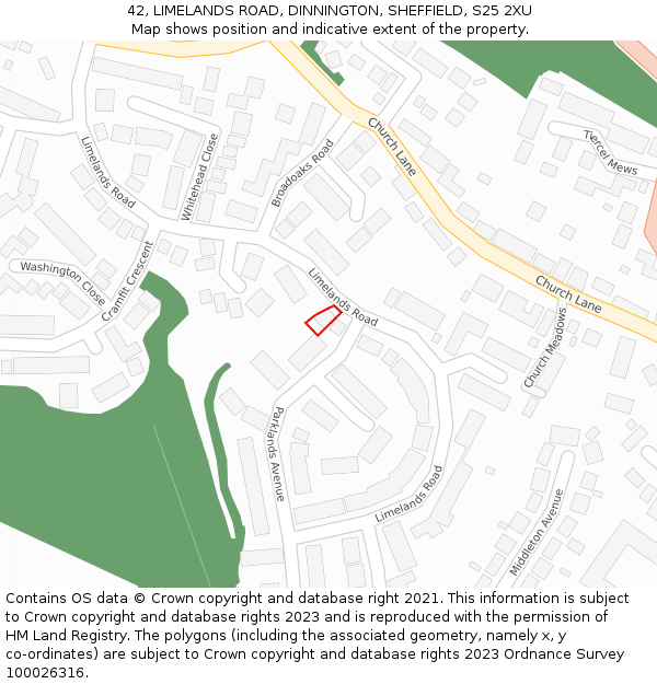 42, LIMELANDS ROAD, DINNINGTON, SHEFFIELD, S25 2XU: Location map and indicative extent of plot