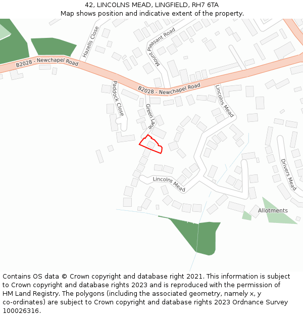 42, LINCOLNS MEAD, LINGFIELD, RH7 6TA: Location map and indicative extent of plot