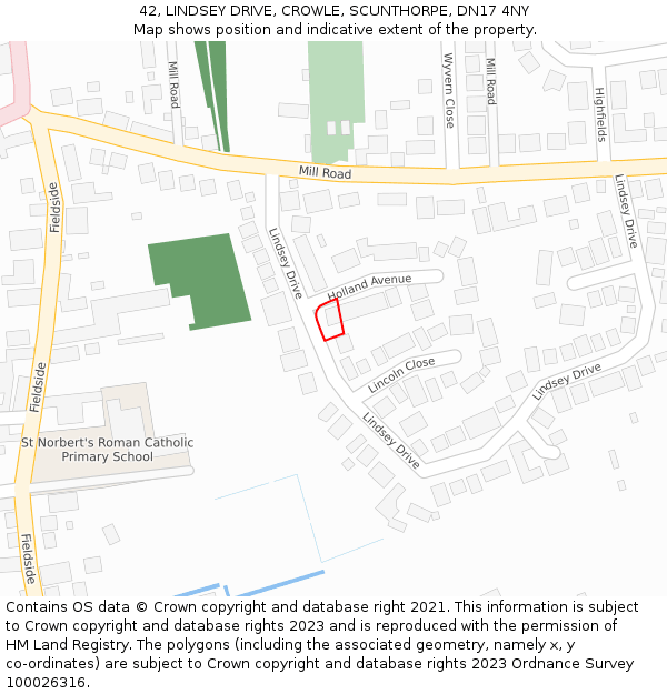 42, LINDSEY DRIVE, CROWLE, SCUNTHORPE, DN17 4NY: Location map and indicative extent of plot