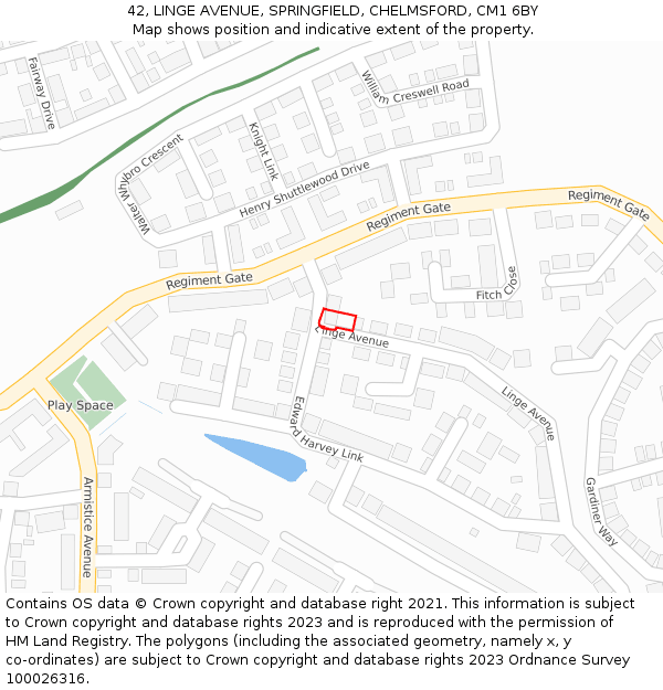 42, LINGE AVENUE, SPRINGFIELD, CHELMSFORD, CM1 6BY: Location map and indicative extent of plot