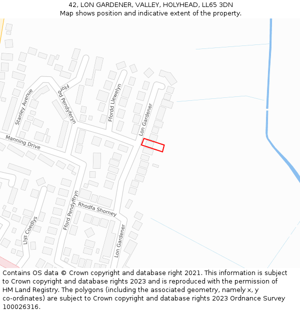 42, LON GARDENER, VALLEY, HOLYHEAD, LL65 3DN: Location map and indicative extent of plot