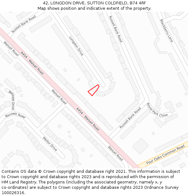 42, LONGDON DRIVE, SUTTON COLDFIELD, B74 4RF: Location map and indicative extent of plot