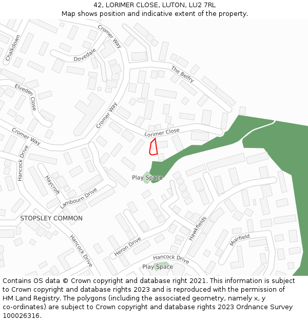 42, LORIMER CLOSE, LUTON, LU2 7RL: Location map and indicative extent of plot