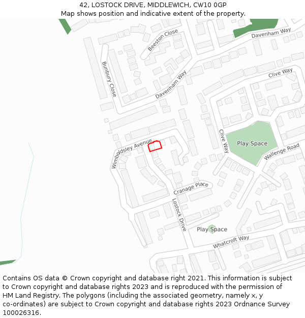 42, LOSTOCK DRIVE, MIDDLEWICH, CW10 0GP: Location map and indicative extent of plot