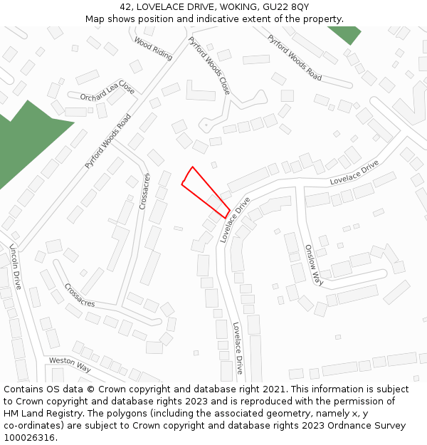 42, LOVELACE DRIVE, WOKING, GU22 8QY: Location map and indicative extent of plot