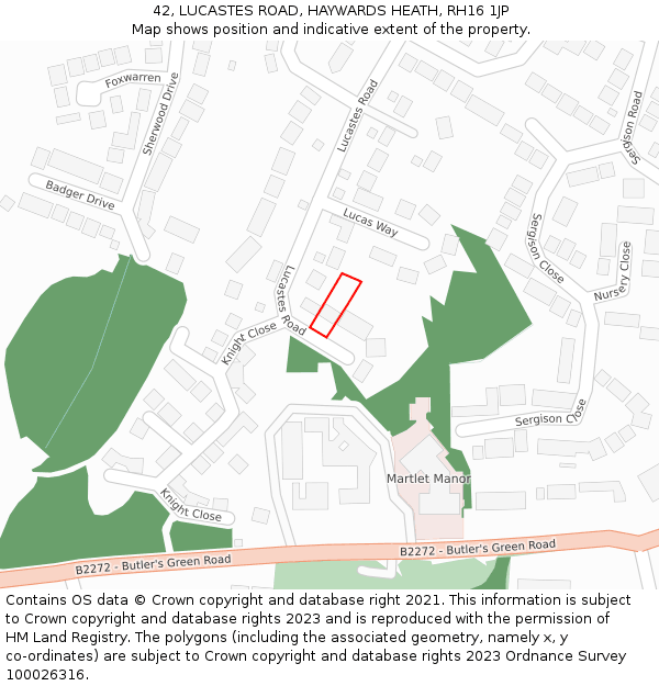 42, LUCASTES ROAD, HAYWARDS HEATH, RH16 1JP: Location map and indicative extent of plot