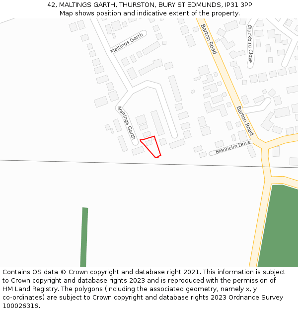 42, MALTINGS GARTH, THURSTON, BURY ST EDMUNDS, IP31 3PP: Location map and indicative extent of plot