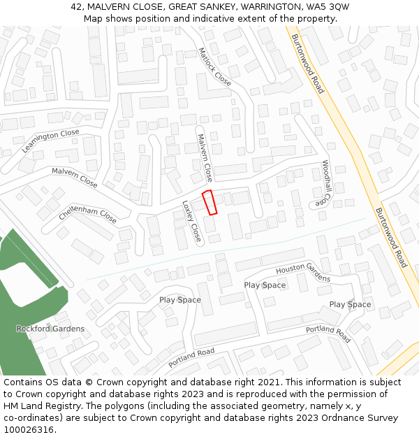 42, MALVERN CLOSE, GREAT SANKEY, WARRINGTON, WA5 3QW: Location map and indicative extent of plot