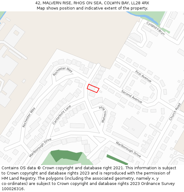 42, MALVERN RISE, RHOS ON SEA, COLWYN BAY, LL28 4RX: Location map and indicative extent of plot