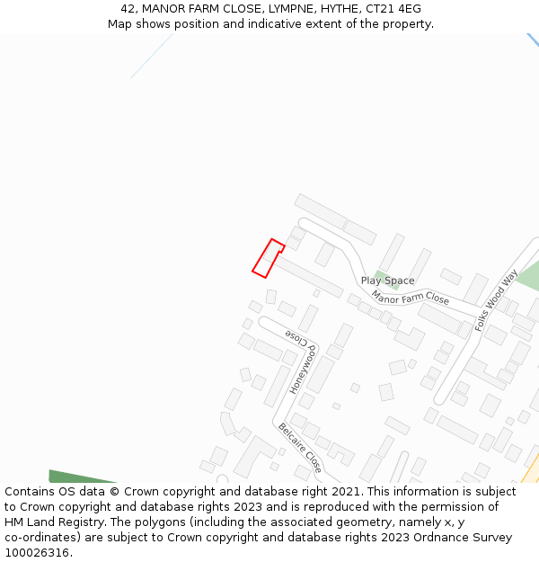 42, MANOR FARM CLOSE, LYMPNE, HYTHE, CT21 4EG: Location map and indicative extent of plot