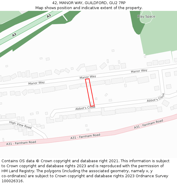 42, MANOR WAY, GUILDFORD, GU2 7RP: Location map and indicative extent of plot