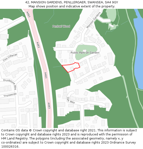 42, MANSION GARDENS, PENLLERGAER, SWANSEA, SA4 9GY: Location map and indicative extent of plot