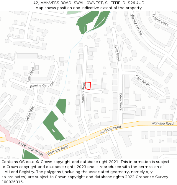 42, MANVERS ROAD, SWALLOWNEST, SHEFFIELD, S26 4UD: Location map and indicative extent of plot