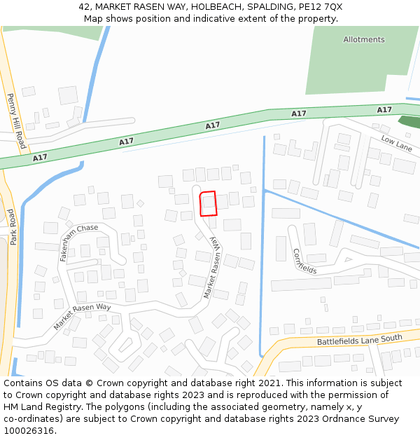42, MARKET RASEN WAY, HOLBEACH, SPALDING, PE12 7QX: Location map and indicative extent of plot
