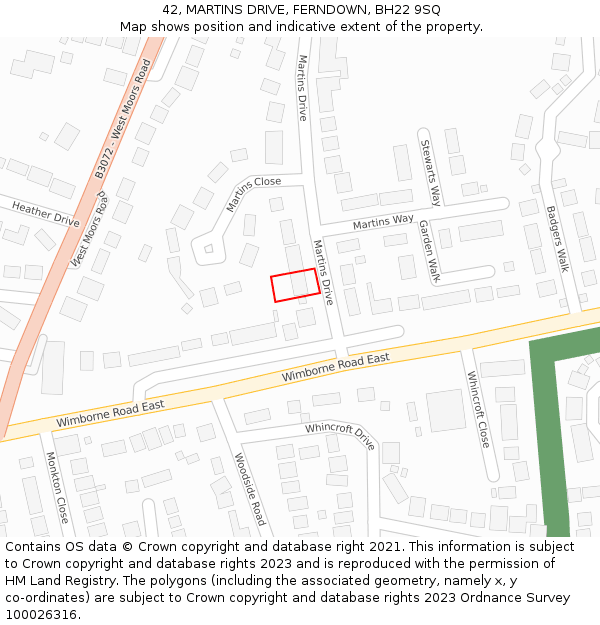 42, MARTINS DRIVE, FERNDOWN, BH22 9SQ: Location map and indicative extent of plot