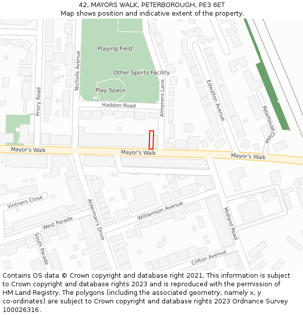 42, MAYORS WALK, PETERBOROUGH, PE3 6ET: Location map and indicative extent of plot