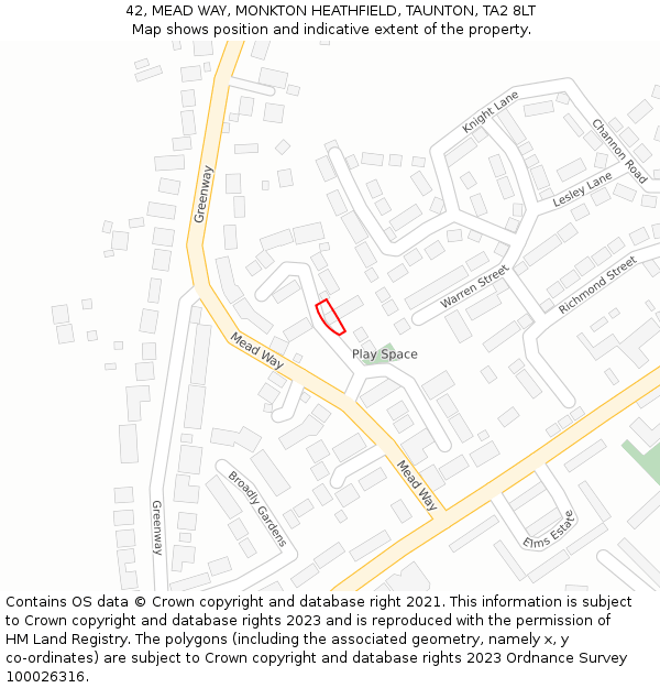 42, MEAD WAY, MONKTON HEATHFIELD, TAUNTON, TA2 8LT: Location map and indicative extent of plot