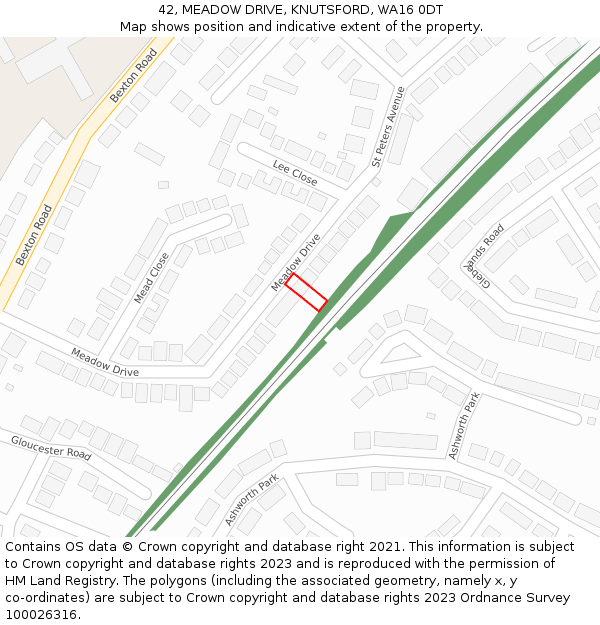 42, MEADOW DRIVE, KNUTSFORD, WA16 0DT: Location map and indicative extent of plot
