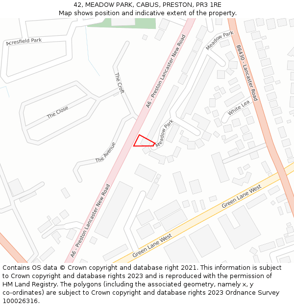 42, MEADOW PARK, CABUS, PRESTON, PR3 1RE: Location map and indicative extent of plot