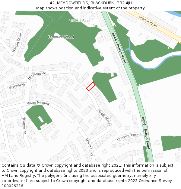 42, MEADOWFIELDS, BLACKBURN, BB2 4JH: Location map and indicative extent of plot