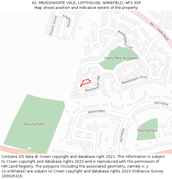 42, MEADOWGATE VALE, LOFTHOUSE, WAKEFIELD, WF3 3SP: Location map and indicative extent of plot