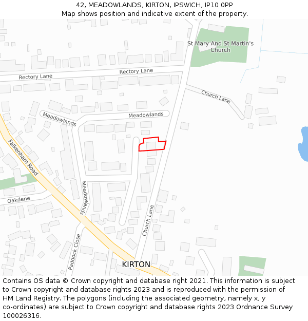 42, MEADOWLANDS, KIRTON, IPSWICH, IP10 0PP: Location map and indicative extent of plot