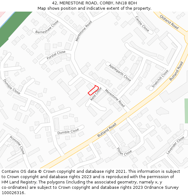 42, MERESTONE ROAD, CORBY, NN18 8DH: Location map and indicative extent of plot