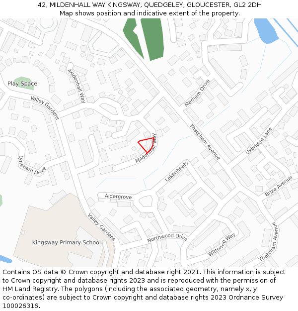 42, MILDENHALL WAY KINGSWAY, QUEDGELEY, GLOUCESTER, GL2 2DH: Location map and indicative extent of plot