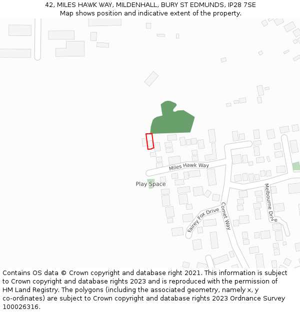 42, MILES HAWK WAY, MILDENHALL, BURY ST EDMUNDS, IP28 7SE: Location map and indicative extent of plot