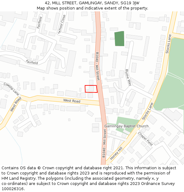 42, MILL STREET, GAMLINGAY, SANDY, SG19 3JW: Location map and indicative extent of plot