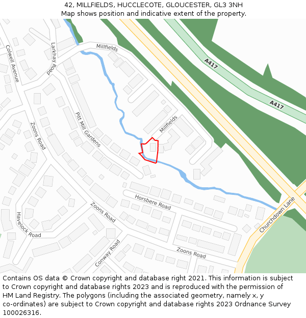 42, MILLFIELDS, HUCCLECOTE, GLOUCESTER, GL3 3NH: Location map and indicative extent of plot