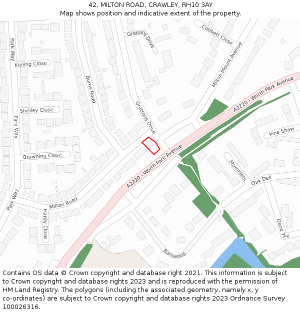 42, MILTON ROAD, CRAWLEY, RH10 3AY: Location map and indicative extent of plot