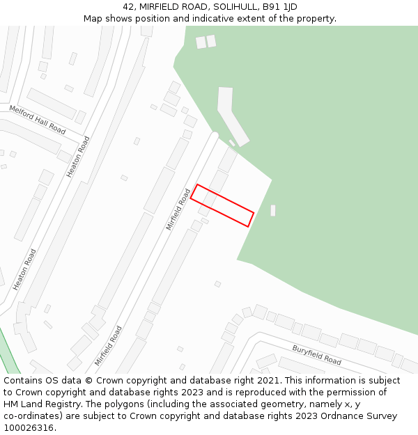 42, MIRFIELD ROAD, SOLIHULL, B91 1JD: Location map and indicative extent of plot