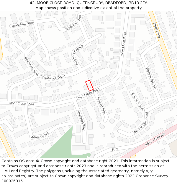 42, MOOR CLOSE ROAD, QUEENSBURY, BRADFORD, BD13 2EA: Location map and indicative extent of plot