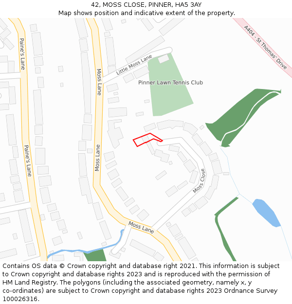 42, MOSS CLOSE, PINNER, HA5 3AY: Location map and indicative extent of plot